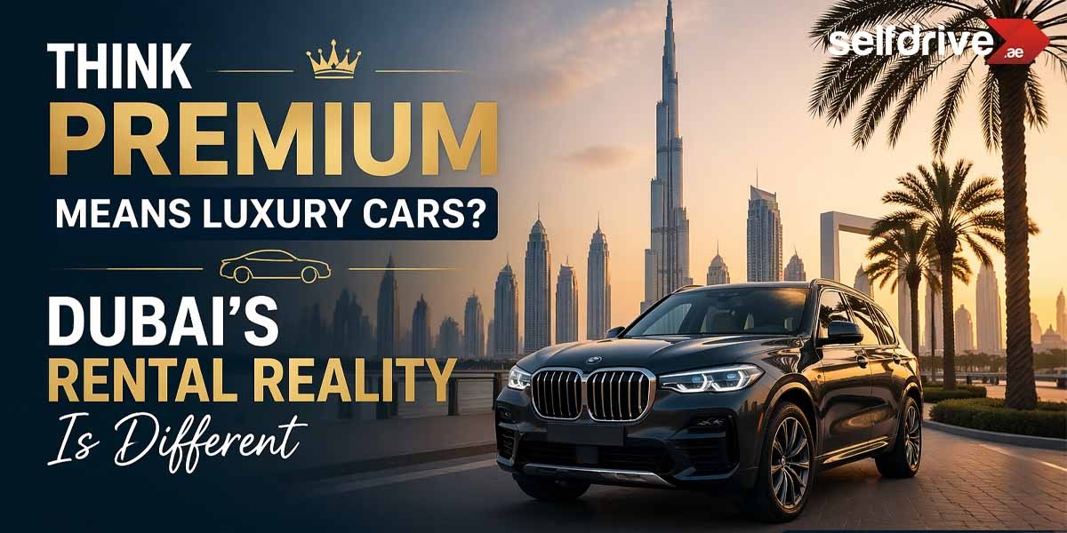 Alt text: "Luxury SUV in foreground with Dubai skyline and palm trees at sunset. Text reads: 'Think Premium Means Luxury Cars? Dubai's Rental Reality Is Different. selfdrive.ae'"